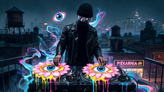 A vibrant digital artwork of a masked DJ in a black leather jacket and beanie performing on turntables adorned with dripping, eye-motif turntable platters against a nighttime cityscape with a 'PIEKARNIA' neon sign.