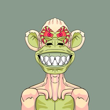 A cartoon illustration of a monstrous green-skinned monkey-like creature with a wide toothy grin and exposed red brain matter on its head.