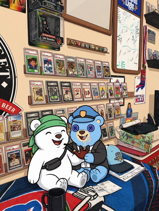 An illustration featuring two cartoon bears, one white with a green bandana and one blue with button eyes wearing a suit, sitting in a room with walls covered in sports trading cards and memorabilia.