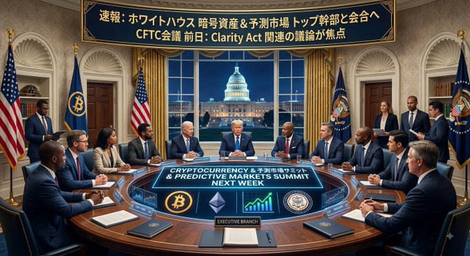 The image depicts a formal White House meeting in the Cabinet Room, with officials and executives seated around a circular table featuring a digital display reading "CRYPTOCURRENCY & PREDICTIVE MARKETS SUMMIT NEXT WEEK," alongside Bitcoin and Ethereum symbols. Japanese text at the top translates the breaking news about the upcoming White House meeting with crypto industry leaders, scheduled the day before a CFTC meeting focused on the Clarity Act—visually reinforcing the article's theme of high-level government engagement with the crypto sector.