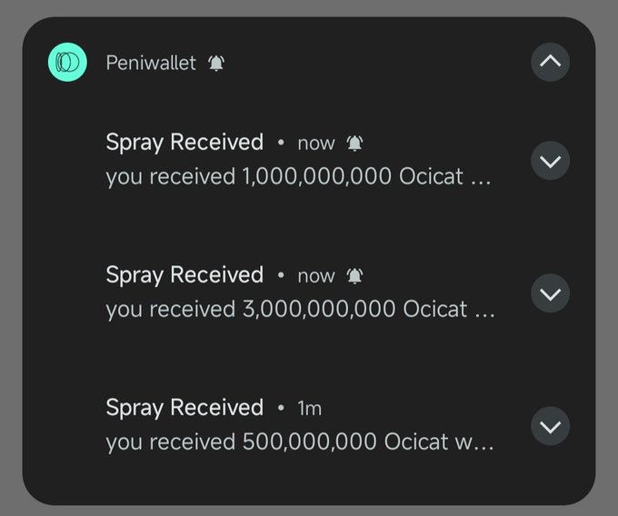 Notifications from Peniwallet showing large cryptocurrency transactions, including 'Spray Received: you received 1,000,000,000 Ocicat', '3,000,000,000 Ocicat', and '500,000,000 Ocicat'.