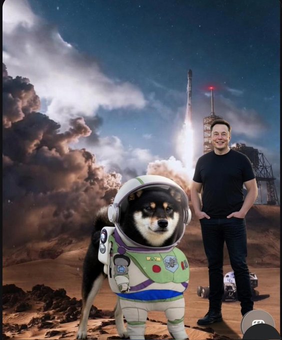 The image features a man standing next to his dog, both dressed up as characters from a movie or video game. The man is wearing a black shirt and pants while the dog is wearing a green and white outfit that resembles an astronaut suit. They are positioned in front of a rocket launch site with a cloudy sky above them. There are also other people present at the scene, but they are not the main focus of the image.
