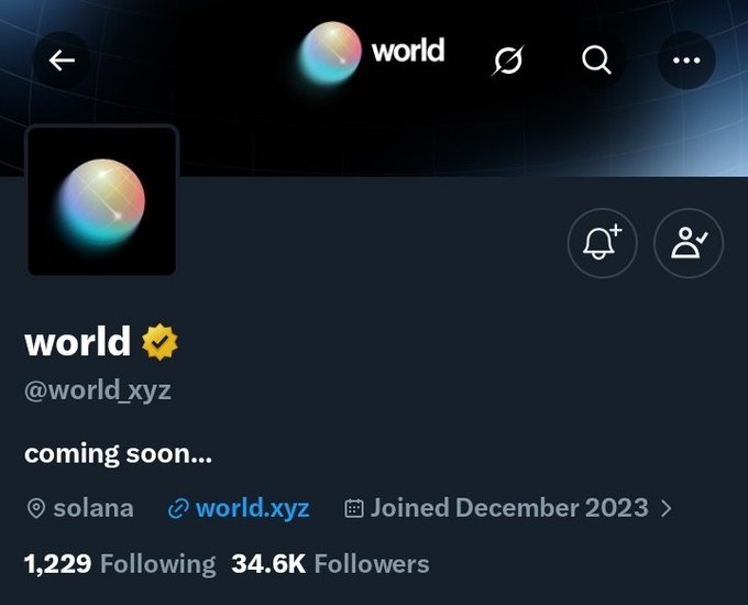The image shows the X (Twitter) profile page for "world" (@world_xyz), featuring a yellow verified checkmark, the bio "coming soon...", a Solana location tag, and stats showing 1,229 Following and 34.6K Followers, which aligns with the post highlighting World.xyz's secretive yet hyped build toward a universal trading platform on Solana.
