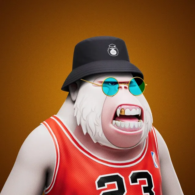 A whimsical 3D render of a white furry creature wearing a black bucket hat, turquoise sunglasses, and a red #23 basketball jersey, with its mouth wide open.