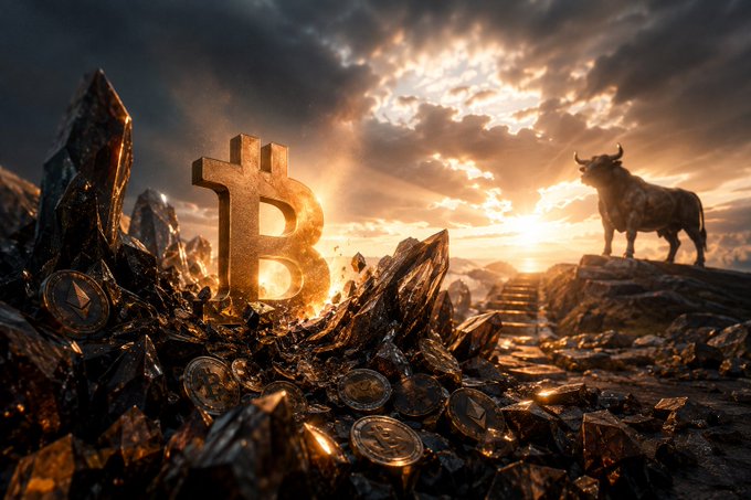 A glowing golden Bitcoin (₿) symbol stands prominently on a rugged, crystal-strewn landscape, with a silhouetted bull perched on a rocky outcrop to the right under a dramatic sunset sky—evoking the bullish price action highlighted in the post, where $BTC leads the market at $63.6K with a 1.65% gain.