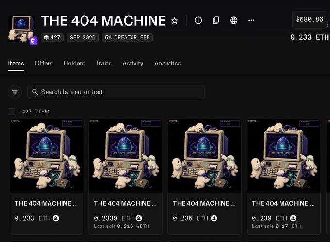 The image shows an NFT collection page for "THE 404 MACHINE" with 427 items, priced at 0.233 ETH (approximately $580.86) each with a 5% creator fee and a "SEP 2026" date. The listing displays four identical pixel-art ghost figures haunting vintage computer monitors on the Items tab. This aligns with the post celebrating the Otomate Trade mint reaching $600, highlighting the project's strong early valuation and building anticipation for the whitelist results.