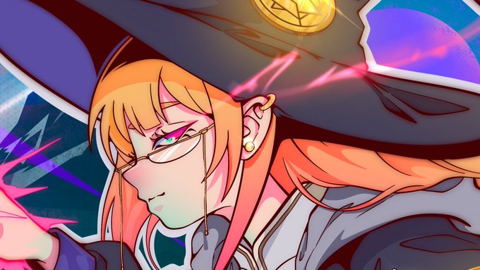 Anime-style illustration of an orange-haired witch character wearing glasses, a large black hat, and a monocle, with pink magical energy crackling around her.