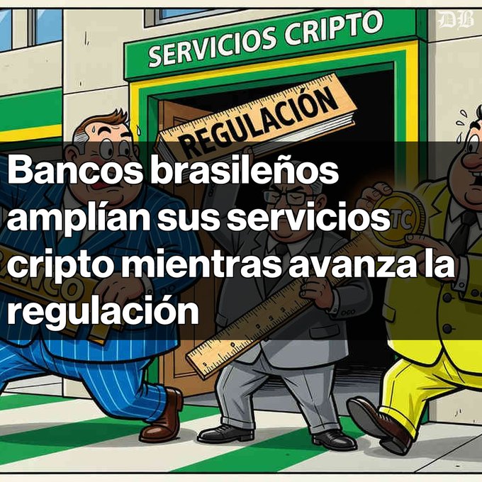 A cartoon illustration of men carrying a large ruler labeled 'REGULACION' outside a building labeled 'SERVICIOS CRIPTO', with Spanish text: 'Bancos brasileños amplían sus servicios cripto mientras avanza la regulación'.