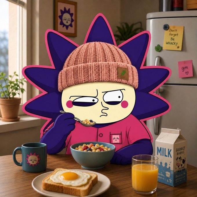 A cartoon character with spiky blue and pink hair wearing a beanie and pink pajamas sits at a breakfast table eating colorful cereal, with toast, juice, and milk visible.