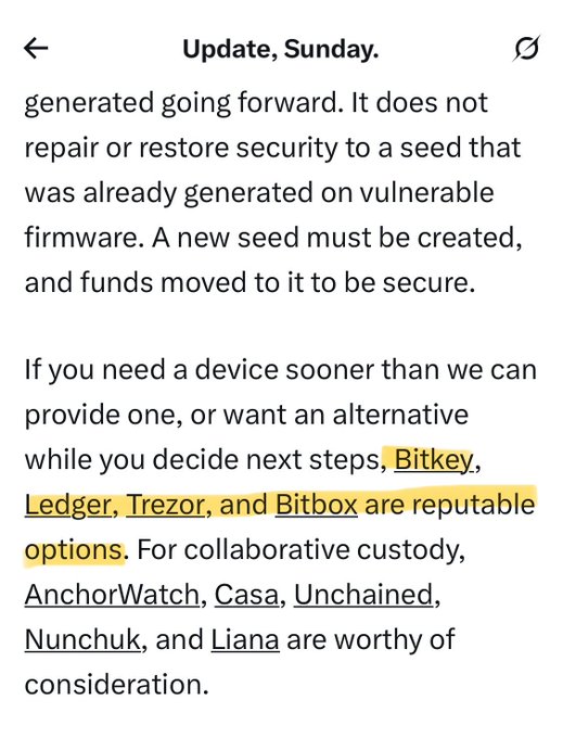 A screenshot of a Sunday update recommending hardware wallets (Bitkey, Ledger, Trezor, Bitbox) and collaborative custody services (AnchorWatch, Casa, Unchained, Nunchuk, Liana) for users needing alternatives or secure devices. The post notes that BlockstreamJade has been added to this recommendation list.