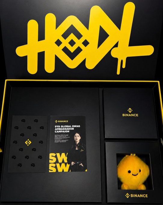 The image shows an open Binance 9th Anniversary gift box featuring the iconic yellow "HOODL" graffiti-style logo on the lid, with the contents including a "9YA Global Swag Ambassador Campaign" card featuring a woman in a Binance jacket, a black Binance booklet, a sticker sheet, and a yellow plush mascot, all branded with Binance logos.
