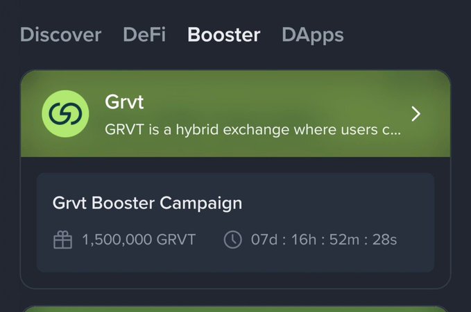 A dark-themed app interface showing the 'Booster' tab featuring 'Grvt' described as a hybrid exchange, with a 'Grvt Booster Campaign' offering 1,500,000 GRVT and a countdown timer of 07d:16h:52m:28s.