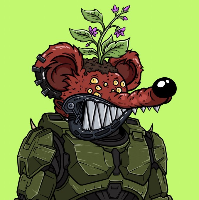 A stylized illustration of a grotesque red creature with multiple eyes, sharp jagged teeth, and a flower sprouting from its head, wearing green armored body plating and a spiked metal headband. The monstrous NFT character fits the theme of giving away grotesque creature-based NFTs to retweeting participants.