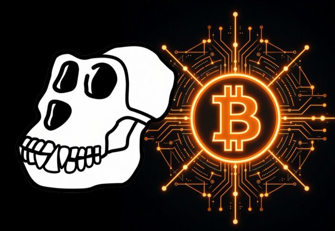 A cartoon gorilla skull sits beside a glowing orange Bitcoin (₿) symbol radiating circuit-board lines, visually pairing the primal "Ape" imagery with the technical backbone of the Bitcoin network. The image reinforces the post's theme by depicting the duality of crypto sovereignty—the raw, unfiltered identity of the Bored Ape alongside the trustless, code-driven verification of a Bitcoin full node.