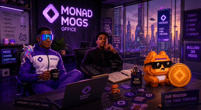 A vibrant purple-themed office scene labeled 'MONAD MODS OFFICE' featuring two people, a pixelated orange character with sunglasses, and various signage including 'MOGS > EVERYTHING', 'TODAY: BUILD, SHIP, MOG, REPEAT', and 'BULLISH ON MOGS' with the mission 'FUN. FAIR. FOREVER.'