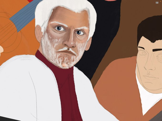A digital illustration shows an older man with white hair and a beard, wearing a red turtleneck under a white shirt, alongside another illustrated figure in brown.
