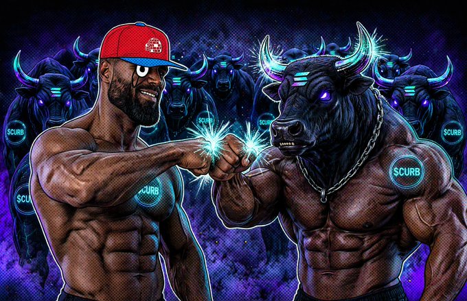 A stylized digital illustration of a muscular man in a red cap fist-bumping a muscular black bull, both featuring glowing cyan accents and '$CURB' cryptocurrency logos, set against a purple background with additional glowing bulls.