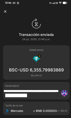 A mobile cryptocurrency transaction confirmation screen in Spanish showing 'Transacción enviada' with BSC-USD 6,355.79983889 sent, including network fee details.