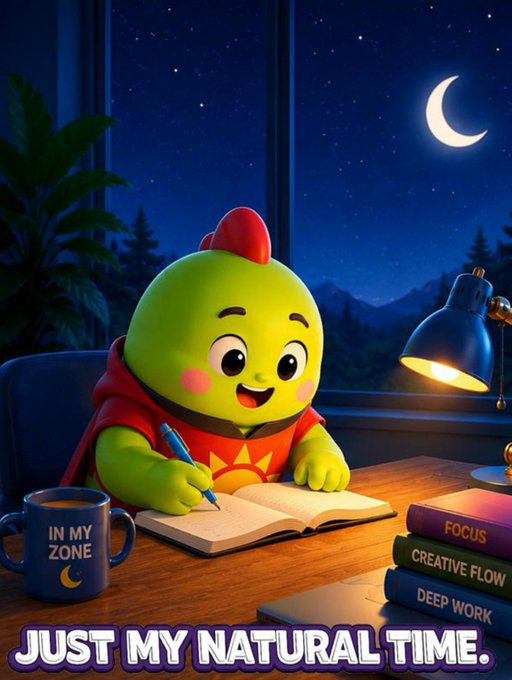 A cartoon green creature with a red comb sits at a desk writing in a notebook at night, with a mug reading 'IN MY ZONE' and books titled 'FOCUS,' 'CREATIVE FLOW,' and 'DEEP WORK.' Text at the bottom reads 'JUST MY NATURAL TIME.'