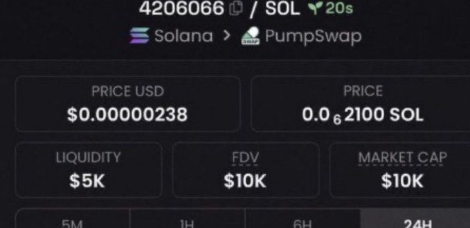 Closer view of the 4206066 / SOL token tracker on PumpSwap, showing a drastically reduced price of $0.00000238 and a market cap of $10K.