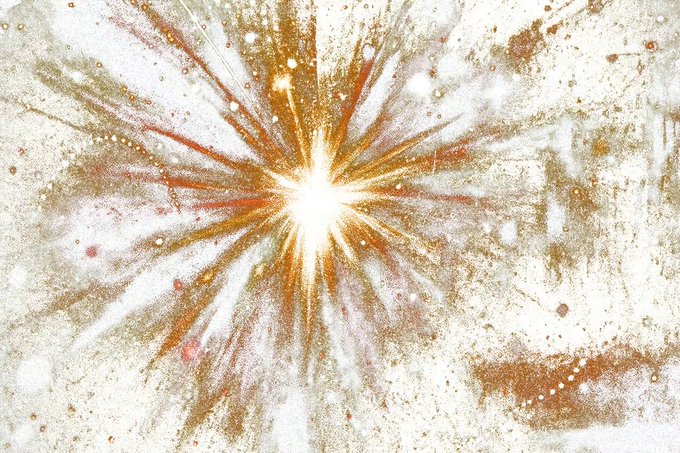 A vibrant explosion of gold, copper, and white paint bursts outward from a bright central point, scattering glittering particles across a textured background. The dynamic, celebratory composition visually mirrors the energetic "beautiful drop" vibe of Mentograph #19 by @photonisdead.