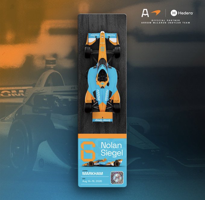A promotional poster featuring a blue and orange Arrow McLaren IndyCar driven by Nolan Siegel (#6), designated as the official partner of the Hedera network, dated Aug 14-16, 2026.