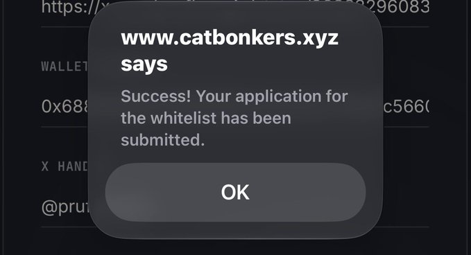 A pop-up from catbonkers.xyz confirms "Success! Your application for the whitelist has been submitted" — illustrating the increasingly complicated, multi-step airdrop/hunt process the poster is longing to escape in favor of simpler Discord-era token distributions.