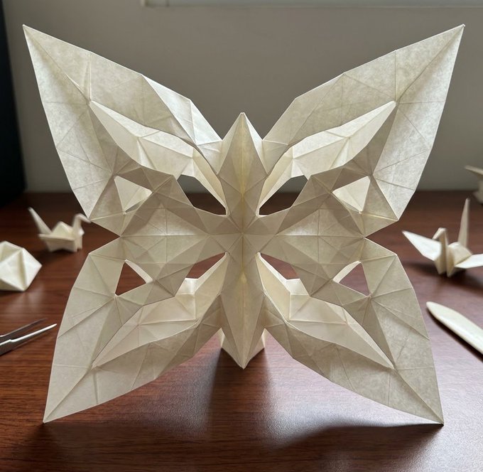 An intricate white geometric origami sculpture with pointed wing-like extensions sits on a wooden table next to smaller folded paper cranes.