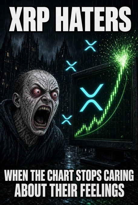 A meme image reading 'XRP HATERS WHEN THE CHART STOPS CARING ABOUT THEIR FEELINGS', featuring a horrified figure next to a green XRP chart.