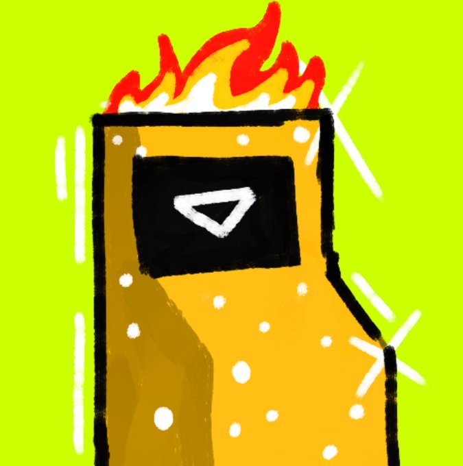 A cartoon illustration of a golden arcade machine with a flame on top and a play button on its screen, set against a bright green background.
