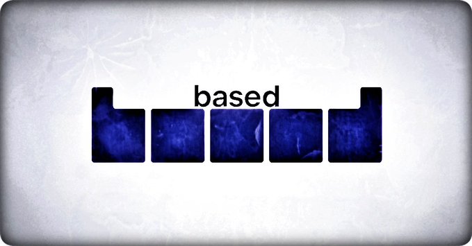 An artistic rendering of the word 'based' in a pixelated, retro style with blue and white tones on a textured background.