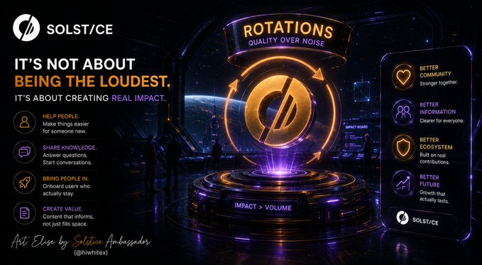 A promotional graphic for SOLST/CE featuring the tagline "IT'S NOT ABOUT BEING THE LOUDEST. IT'S ABOUT CREATING REAL IMPACT," with sections on ROTATIONS and principles like HELP PEOPLE, SHARE KNOWLEDGE, and CREATE VALUE, alongside an illustration of the Solstice character.