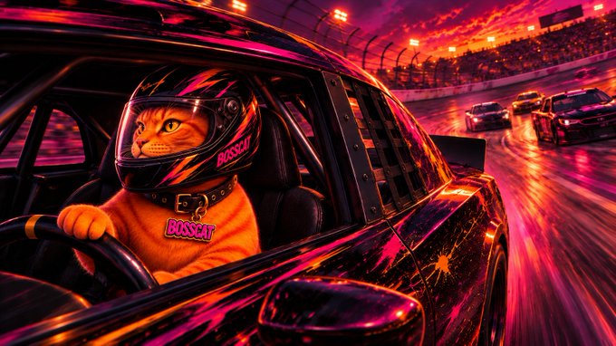 A digital illustration of an orange tabby cat wearing a "BOSS CAT" racing helmet and jacket, driving a stock car at sunset.