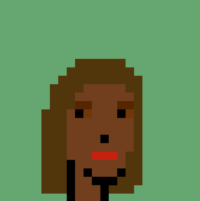 A pixel-art style portrait of a person with brown hair, dark eyes, and red lips set against a green background.