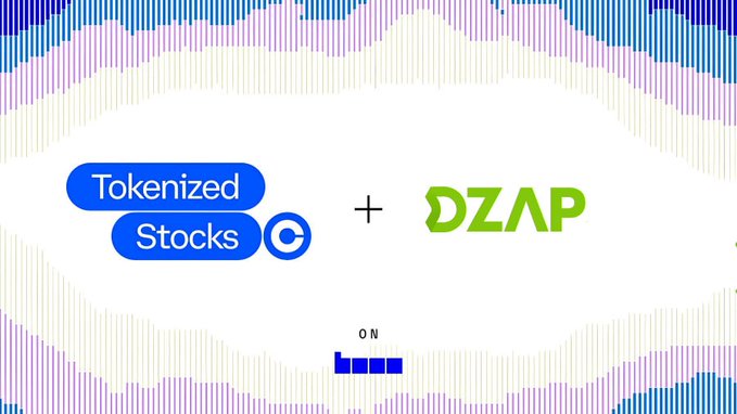 A graphic featuring the "Tokenized Stocks" logo alongside the "DZAP" logo, connected by a plus sign, visually announcing that Coinbase's newly launched Tokenized Stocks on Base are supported by DZap as one of the first DeFi execution layers.
