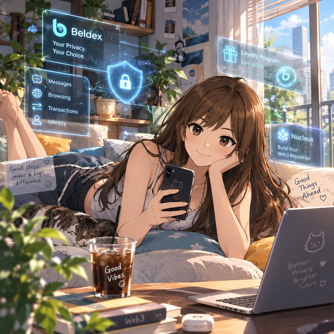 An anime-style illustration of a girl on a couch using a phone, with floating UI panels showing 'Beldex - Your Privacy. Your Choice.' and features like Messages, Browsing, Transactions, Identity, Loyalty Program, and Nucleus.