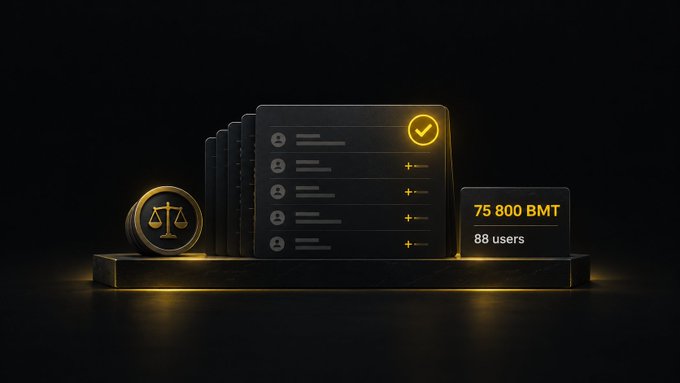A dark digital graphic displays a balance scale icon next to stacked lists with a checkmark, with a glowing box indicating '75 800 BMT' and '88 users'.