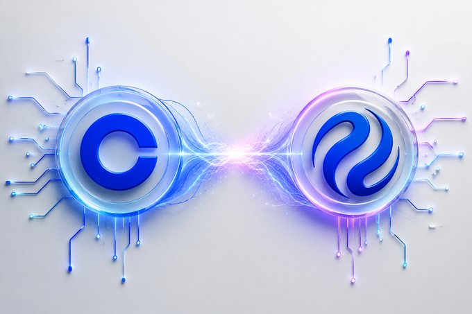 A glowing digital illustration showing two circular cryptocurrency logos connected by an electric energy beam — a blue 'C' symbol on the left and a blue S-curve (Injective/INJ-style) symbol on the right — surrounded by circuit-board patterns.