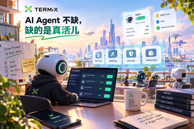 A promotional graphic for 'TERMIX' shows a robotic figure working at a laptop with the tagline 'AI Agent 不缺, 缺的是真活儿' (AI Agents aren't lacking; what's lacking is real work), set against a futuristic cityscape.
