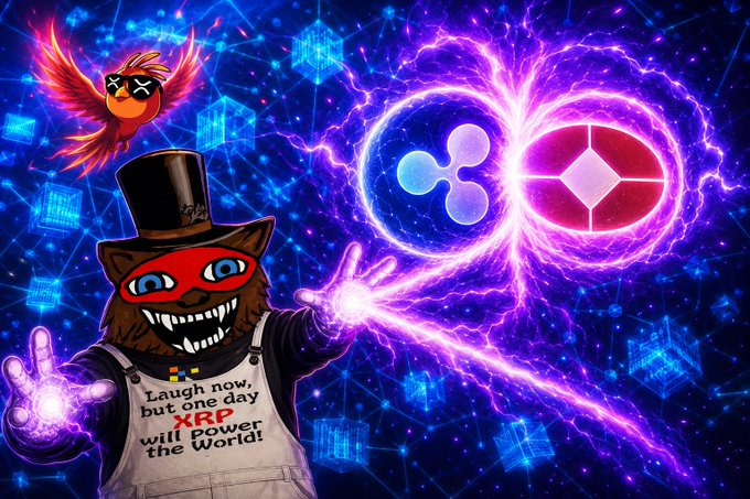 The image features a grinning furry mascot in a top hat and apron reading "Laugh now, but one day XRP will power the World!" while unleashing a cosmic energy blast merging the XRP logo with the Ripple emblem, set against a blockchain-themed cosmic background with a fierce red bird. The visual dramatically reinforces the post's argument that XRP/Ripple is the unifying solution to the blockchain fragmentation problem acknowledged by the Bank for International Settlements (BIS).