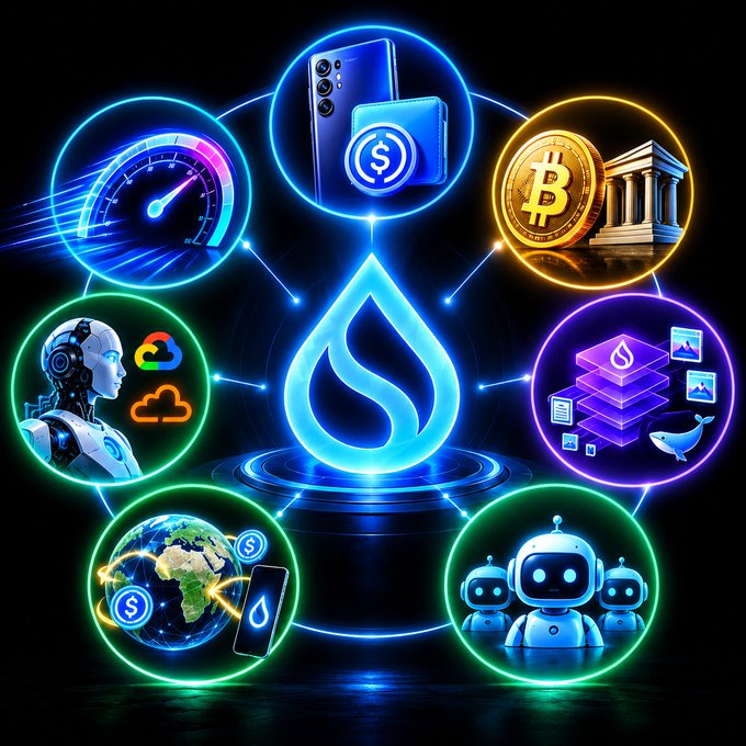 The image displays a glowing central Sui (SUI) logo surrounded by interconnected circular icons featuring a smartphone, Bitcoin ($B) with a bank, a speedometer, an AI robot, cloud computing, and the Earth—symbolizing Sui's expanding ecosystem across mobile payments (Samsung Wallet/USDC), Bitcoin infrastructure ($500M+), AI, and global reach.