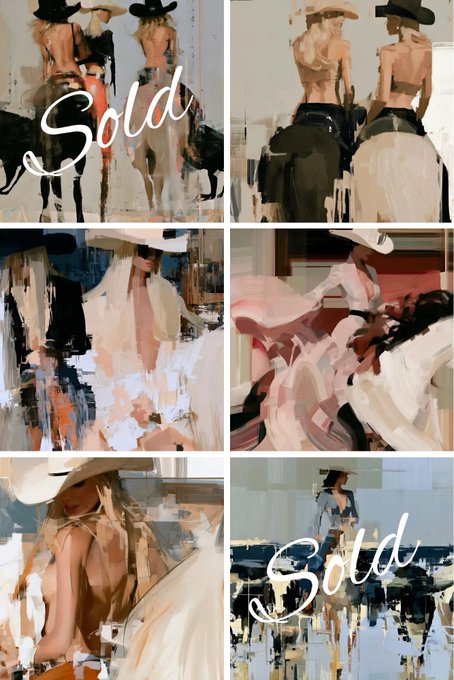Collage of six painterly artworks depicting women in cowboy hats and horses, with the word 'Sold' written in white cursive across two of the panels.