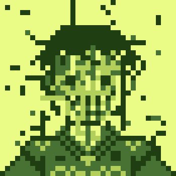 A pixelated retro video game-style image showing a greenish character or creature with a chain hanging above it on a yellow-green background.