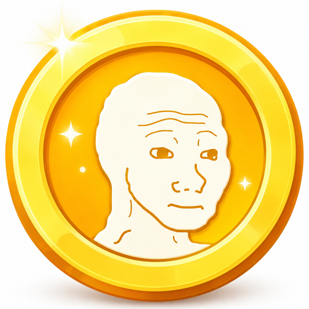 A cartoon-style Wojak coin character with a sparse hairline and neutral expression set within a golden coin, surrounded by sparkle effects.