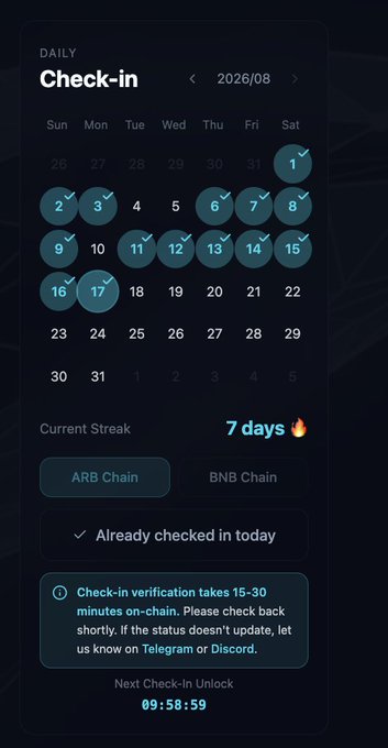 Mobile app screenshot showing a 'Daily Check-in' calendar for August 2026 with a 7-day streak, 'Already checked in today' confirmation, and a 09:58:59 countdown timer.