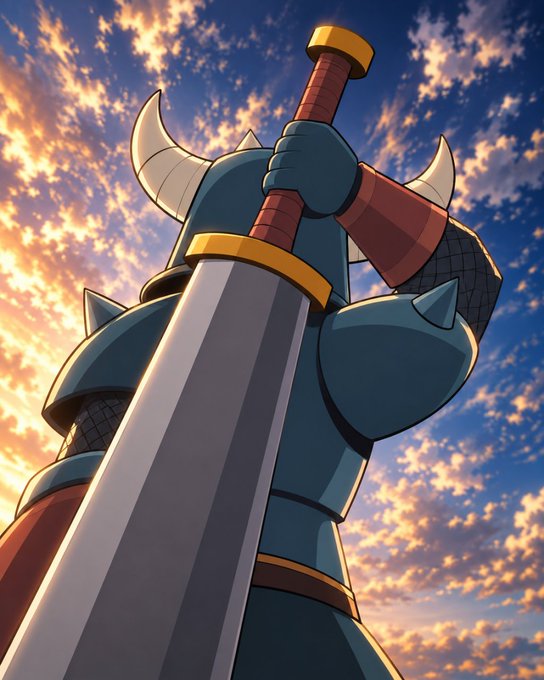 A low-angle anime-style illustration shows a horned, armored knight gripping a massive sword against a dramatic sunset sky, evoking themes of heroism and destiny. This imagery reinforces the post's "One Shot, One Opportunity" tagline, framing the meme token (CA: 0x4927370e1053eb0ed11cfeb9f6972e2460a7f560, play.rpg.cash) as a singular chance at glory for crypto players.