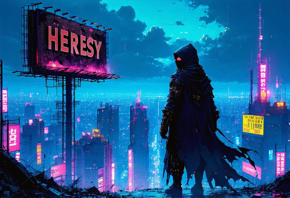 The image features a cityscape with neon signs, including one that reads "HERESY", which appears to be a billboard or advertisement for a nearby business. In the foreground of the image, there's a person wearing a black cape standing on top of a building and looking out over the city. The city itself is filled with tall buildings, creating an urban atmosphere.