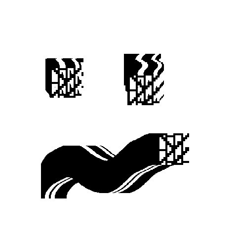 A black and white pixelated/glitch-style graphic featuring abstract shapes resembling the letters 'D' and 'R' above a wavy, flowing banner-like design.