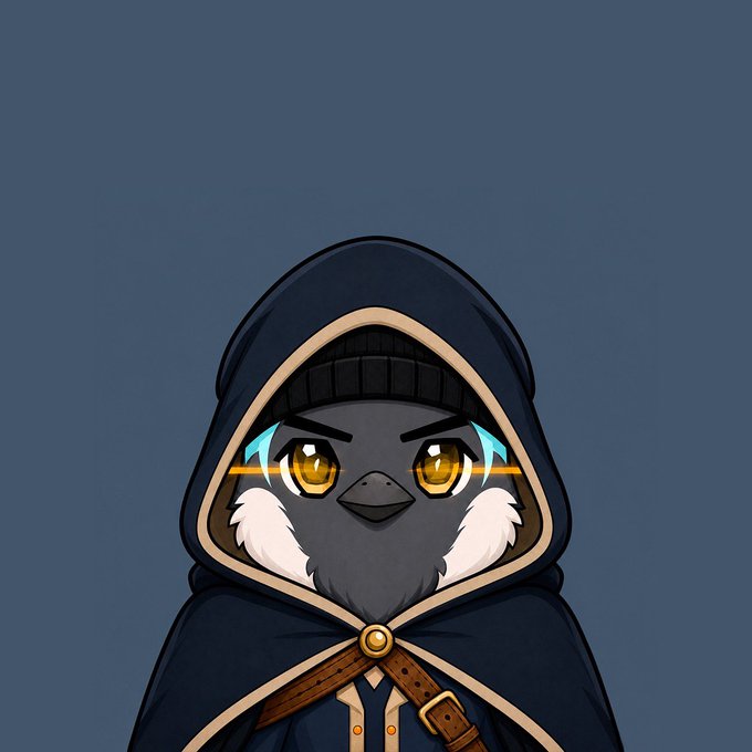 A chibi-style digital illustration of a small bird or penguin-like creature wearing a dark blue hooded cloak with brown leather straps and a golden brooch.