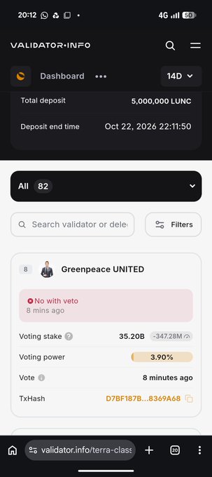 A mobile screenshot of 'VALIDATOR.INFO' displays a dashboard for Terra Classic (LUNC) showing a 5,000,000 LUNC total deposit made on Oct 22, 2026, and details for validator 'Greenpeace UNITED' including 35,208 voting stake and 3.90% voting power.